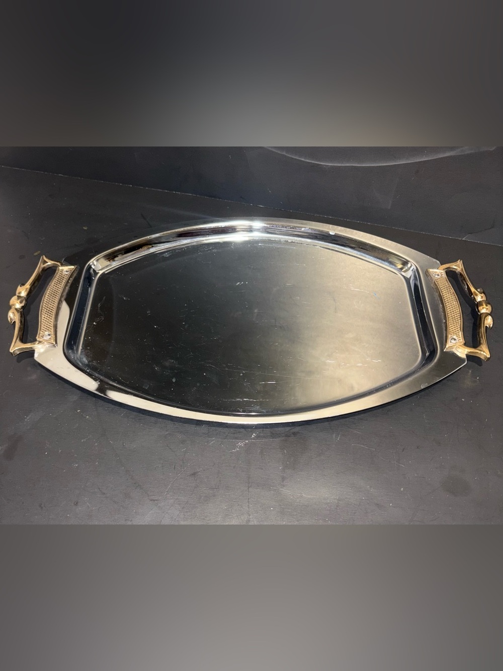 Elegant Silver Serving Tray with Gold-Tone Handles- Vintage